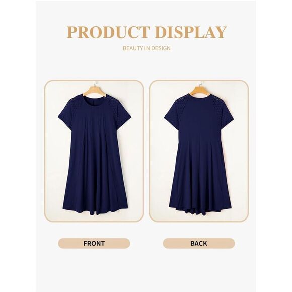 NEW Plus Size Lace Short Sleeve Crewneck Swing Midi Dress Pockets 3X - Picture 2 of 5
